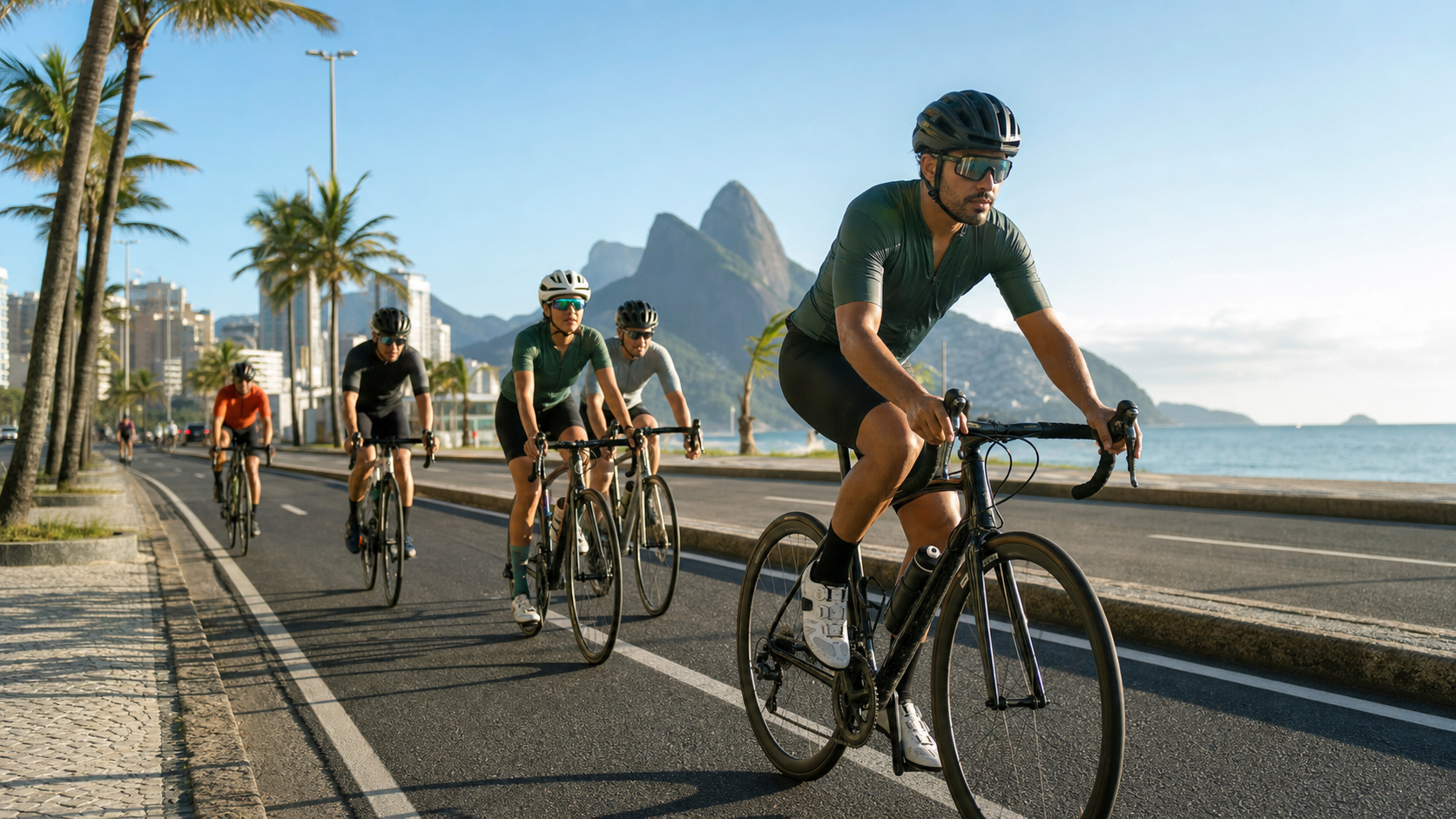 Ciclistas pedalando na orla do Rio de Janeiro