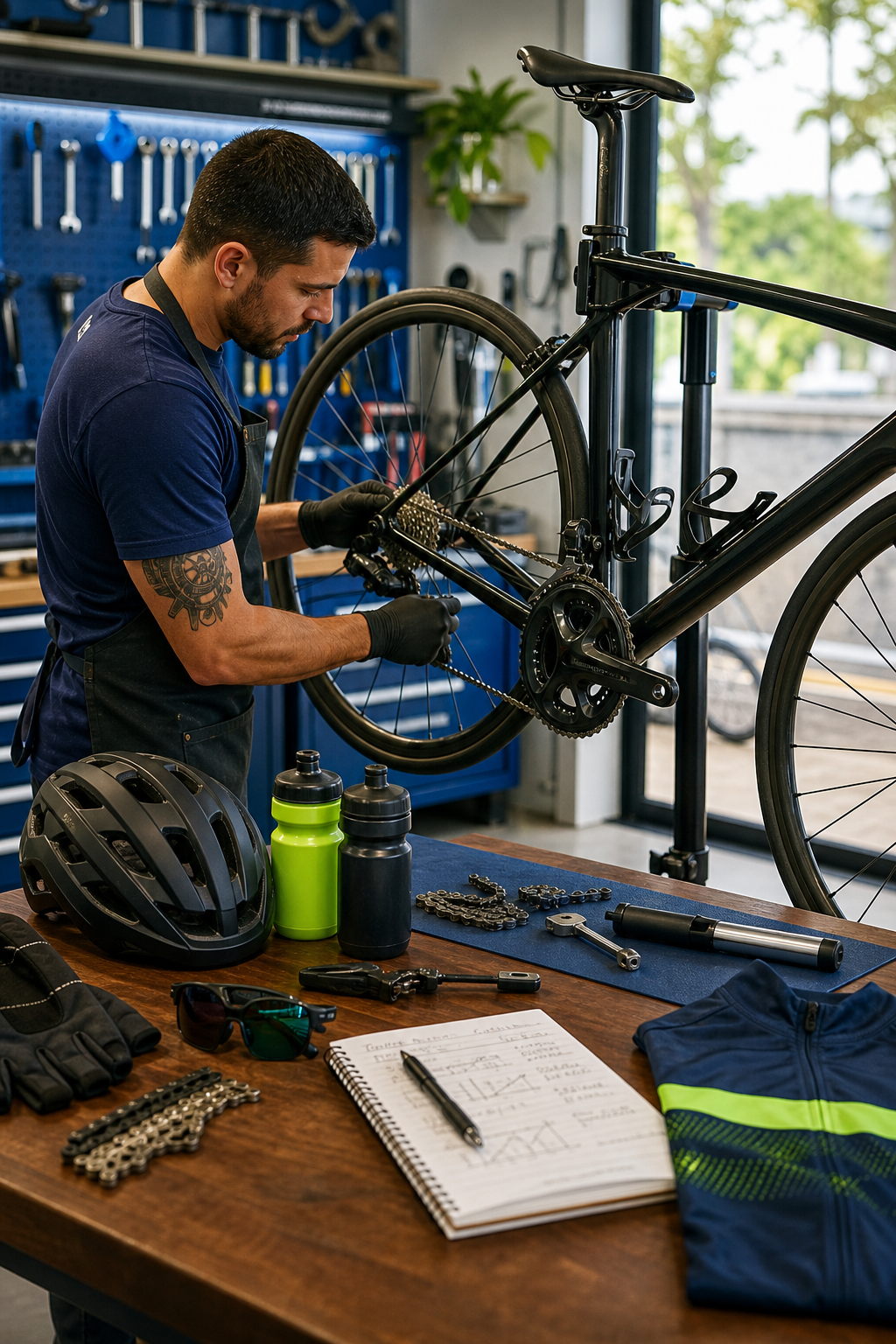 Mecânico ajustando a relação de uma bicicleta em oficina
